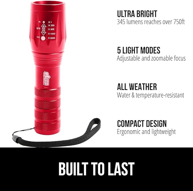 GORILLA GRIP Powerful LED Tactical Flashlight, 750 FT High Lumens 5 Adjustable Modes, Water Resistant, Ultra Bright Zoom Flashlights, Small Mini Flash Light, Camping, Night Dog Walking, 2 Pack Red