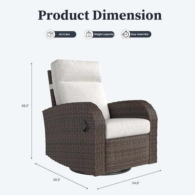 Outdoor Wicker Recliner Chair High Back Patio 360°Swivel Reclining Lounge Chair with 6-Inch Thick Cushion