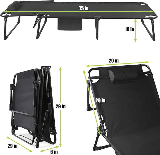Folding Camping Cot, Adjustable Camping Cot for Adults, Portable Reclining Lounge Chair with Mattress/Pillow, 1200 D Oxford Camping Cots for Indoor/Outdoor