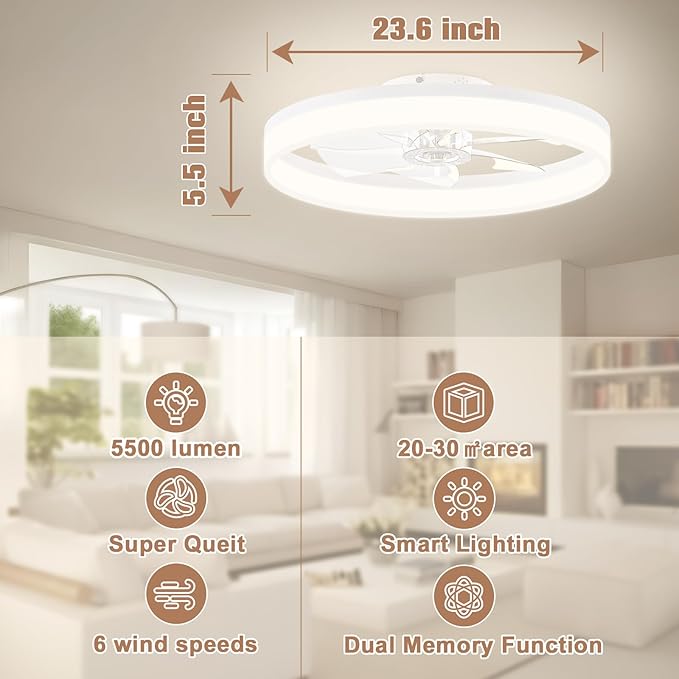 VOLISUN Low Profile Ceiling Fans with Lights and Remote, 23.6in Flush Mount Ceiling Fans with Light, 3000K-6500K Dimmable Fandelier LED Fan Lights, Bladeless Ceiling Fan with Light for Bedroom(White)
