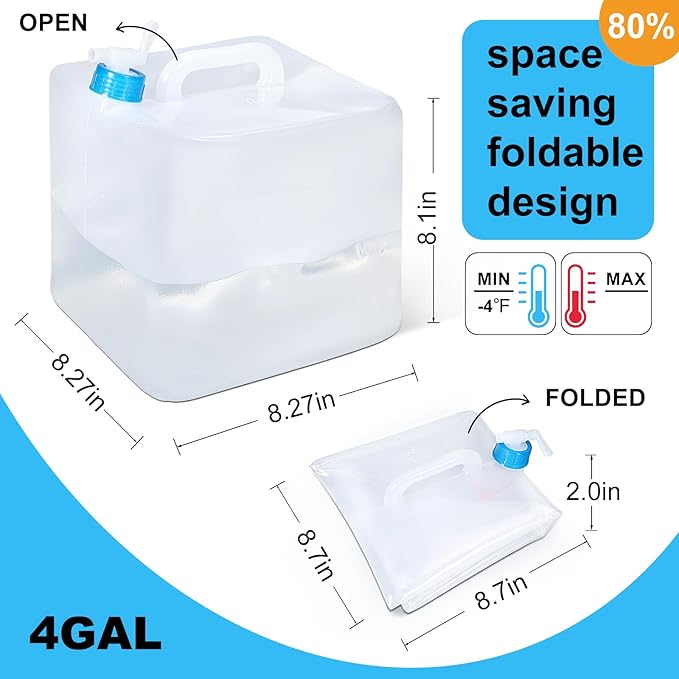 2 Pack Collapsible Water Container with Spigot, Foldable Cube Water Jugs Portable Water Storage for Outdoors Camping Hiking Disaster Preparedness & Survival Gear 1.4/2.6/4/5.3 Gallon