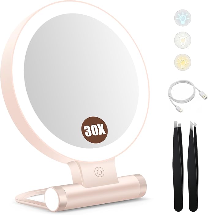 B Beauty Planet Magnifying Mirror with Light 30X, Double-Sided 1X/30X Magnifying Makeup Mirror with Tweezer, 2000mAh 3 Colour Modes with Adjustable Brightness,Foldable Compact Travel Mirror(Pink)