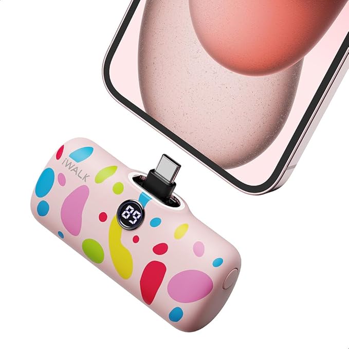 iWALK USB-C Portable Charger with Colorful Pattern, 20W PD Fast Charging 4800mAh Small Power Bank with LED Display, Compatible with iPhone 16/15, 16/15 Plus, 16/15 Pro Max, iPad, Airpods, Pink