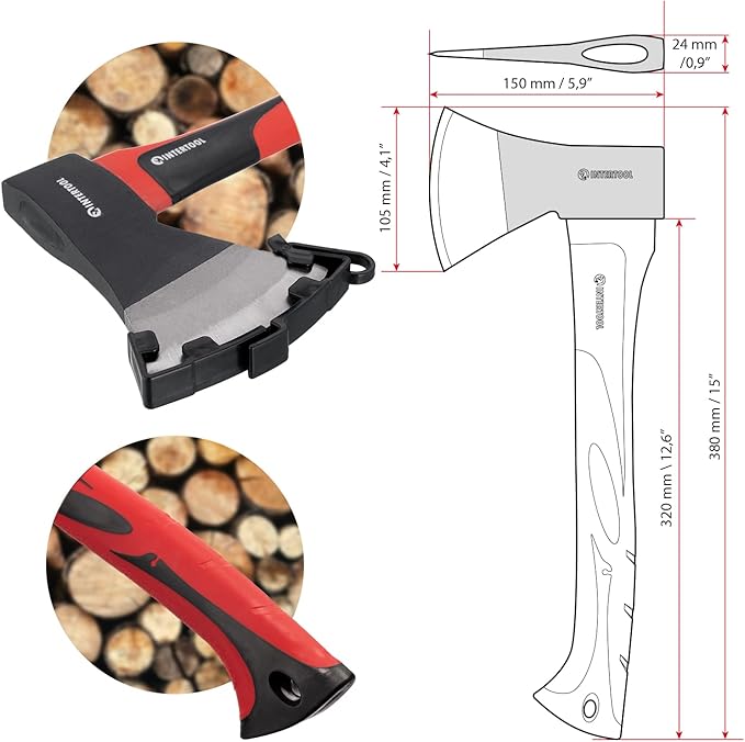 INTERTOOL Wood Splitting Maul and and Hatchet Combo Set - 35-inch Axe and 15-inch Camping Chopping Hatchet with Shock Absorbing Fiberglass Handles with Blade Protectors HT-0275-0261