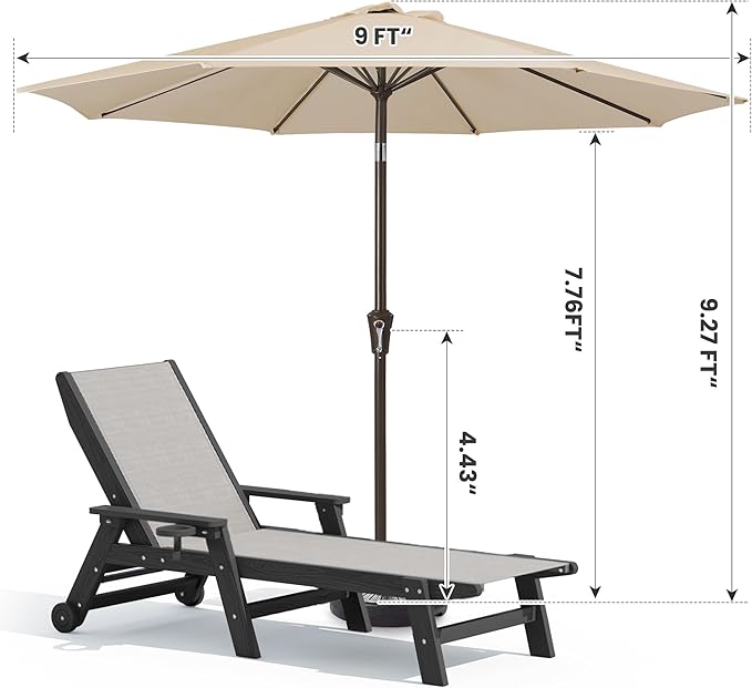 SERWALL Textilene Patio Chaise Lounge Chair Set of 2 with 9FT Patio Umbrella, 5 Positions Outdoor Lounger with Rolling Wheels for Pool, Deck, Black