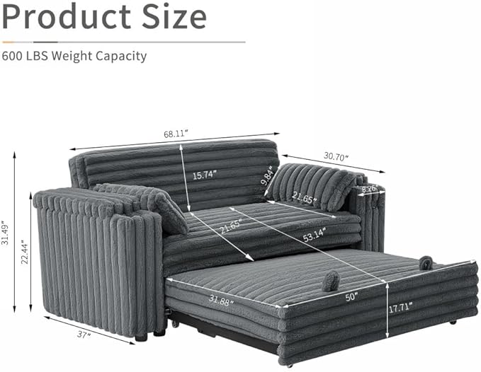 68" Corduroy Convertible Sofa Bed with USB, Storage Armrests & Pillows – 3-in-1 Foldable Sleeper Chair Floor Couch for Living Room, Bedroom, Guest Room (ZY-1109-Dark Gray)