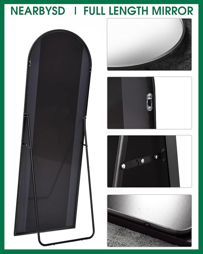 Arched Full Length Mirror, 71"x30", Oversized Standing or Hanging, Black Aluminum Frame