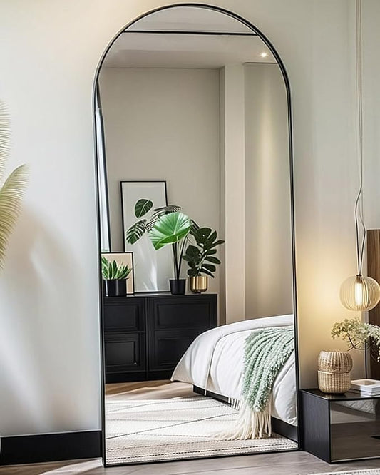 Arched Full Length Mirror, 71"x30", Oversized Standing or Hanging, Black Aluminum Frame