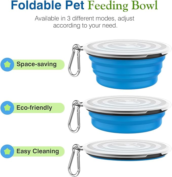 Pawaboo Silicone Collapsible Dog Bowls 2 Pack, Blue + Green, 5.1 x 3.5 x 2.1 in, 13 x 9 x 5.5 cm, Lid Included, Portable, Easy Cleanup, Suitable for Small to Medium Dogs