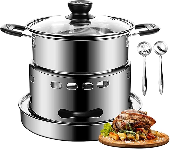 Camping Stove With Pot 18cm Stainless Steel Alcohol Stove Portable Camp Oven Cookware Set for Indoor Outdoor Camping Hiking Backpacking Picnic, No Electricity Required Adjustable Fire (1-3 people)