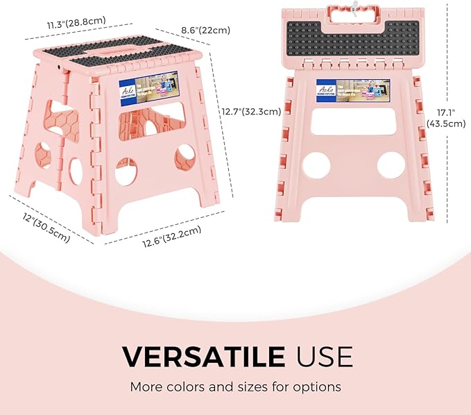 ACKO Folding Step Stool 13 inch Height Premium Heavy Duty Foldable Step Stools for Adults and Kids, Kitchen Plastic Small Collapsible Stepping Stool Hold Up to 300 LB Dot Pink (1 Pack)