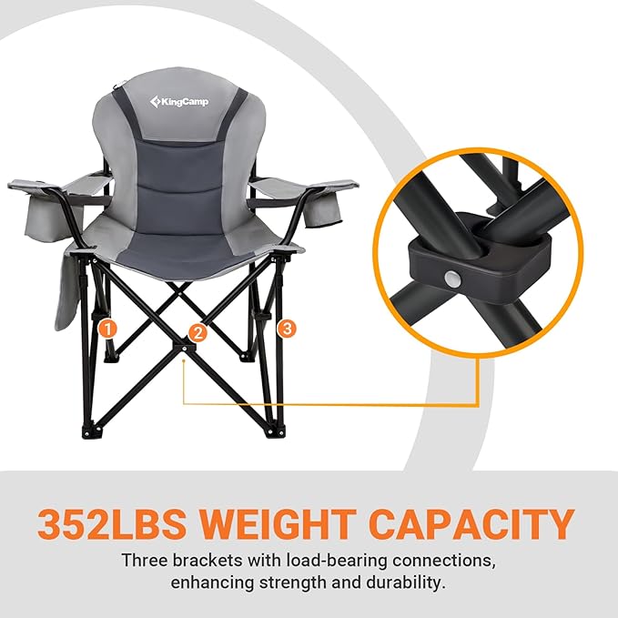 KingCamp Oversized Camping Folding Chair with Lumbar Support, Heavy Duty Ergonomic Padded Arm Chair with Cooler Bag, Cup Holder, Portable for Outdoor
