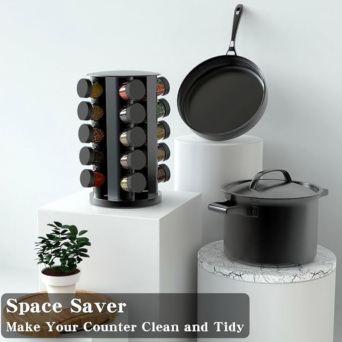 Rotating Spice Rack Organizer for Cabinet, Spice Racks Storage with 20 Jars, Spinning Spice rack for Kitchen Countertop, Spice Holder,Seasoing Storage Racks,Black