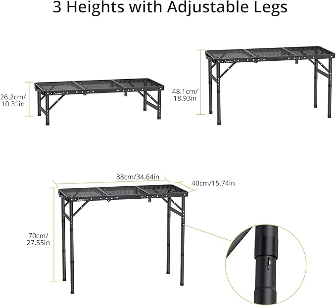 Folding Grill Table, Aluminum Camping Table Adjustable Height Max 27.5" Picnic Table Outdoor Table, Lightweight, Portable Handle for Travel Cooking BBQ Picnic, 35" x 16", Black