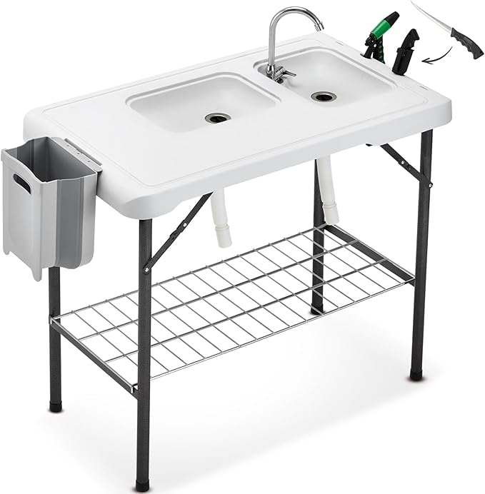 Folding Fish Cleaning Table Portable Camping Double Sinks Table w/2 Dual Water Basins, Faucet Drainage Hose & Sprayer Outdoor Fish Fillet Cleaning Station w/Knife, Storage Box,Black