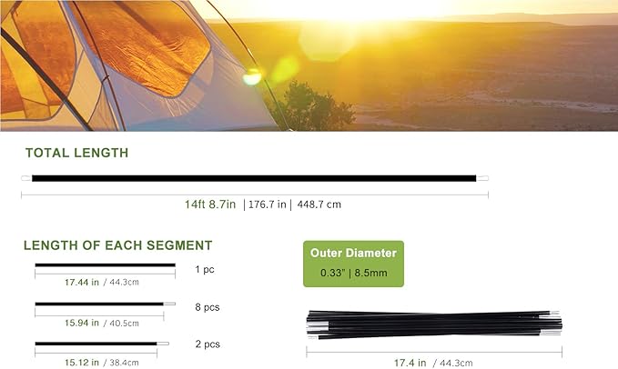 Aluminum Tent Poles Replacement, Black Pre-Assembled Tent Pole, 7001 T6 Heated Camping Tent Rod