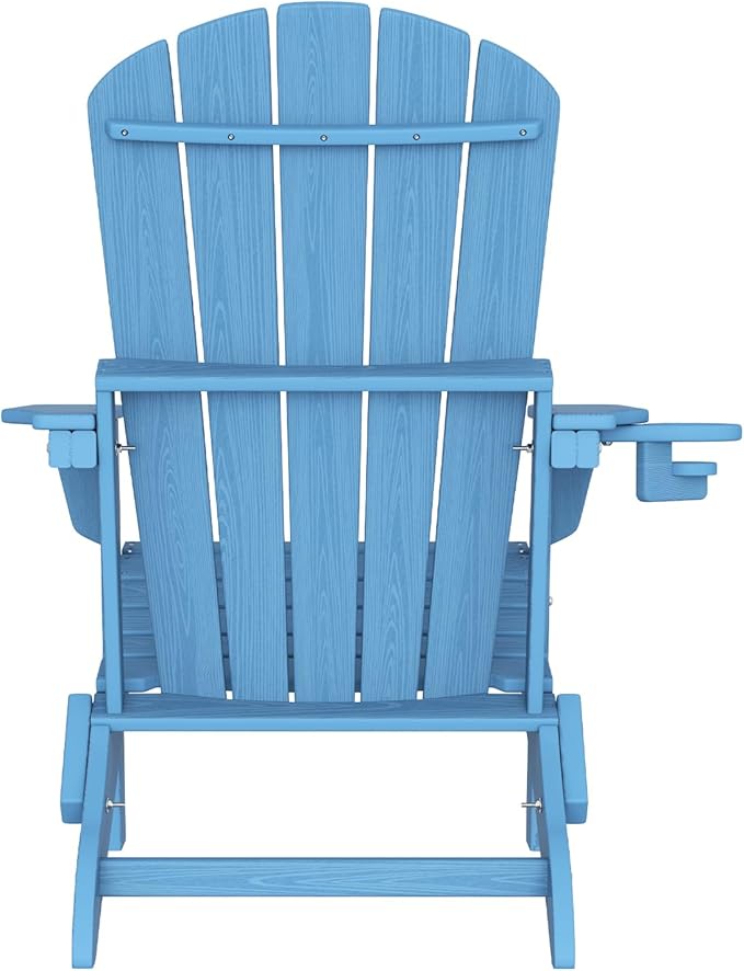 Folding Adirondack Chair Set of 4 with Cup Holder, SGS Tested, HDPE Heavy All-Weather,Wooden Textured,Backyard Fire Pit, Light Blue