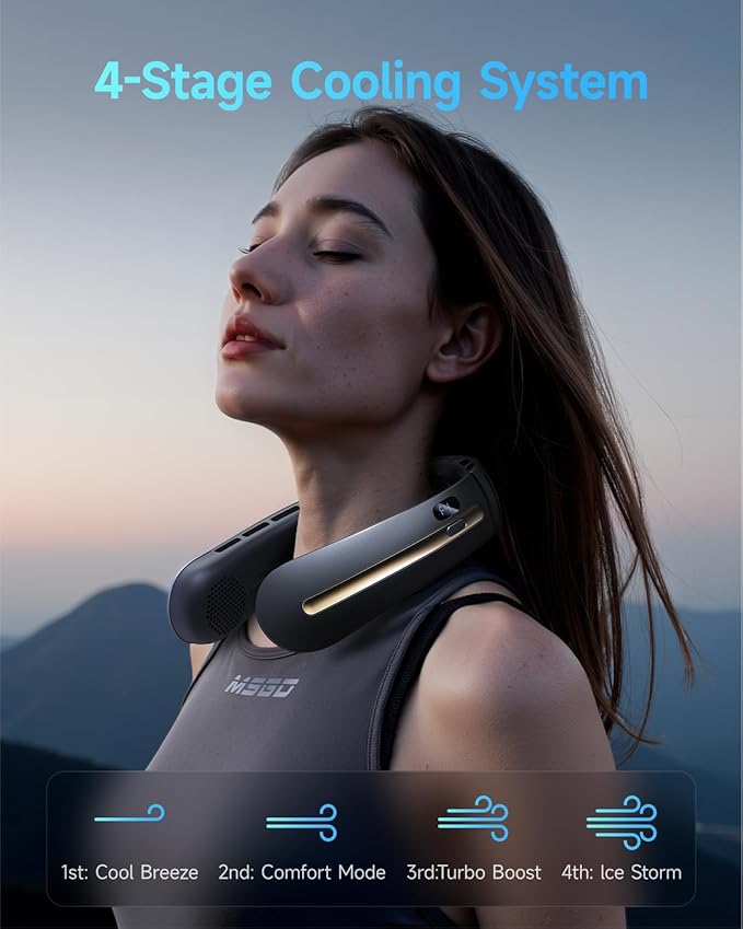 SWEETFULL Neck Fan, 3 Turbo Portable Fans with Neck Support, 4 Speed & LED Display, 5200mAh Rechargeable Personal Fan, Hand-Free Wearable Bladeless Cooler, Gift for Travel Birthday, Men, Women (Black)