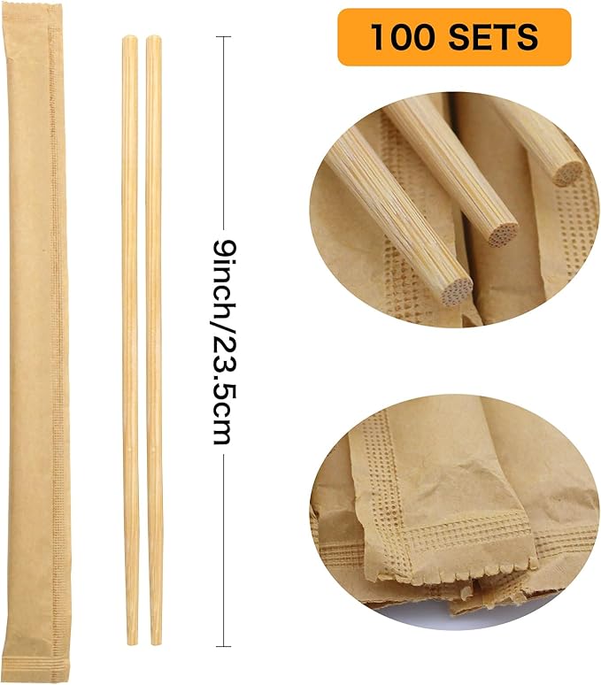 Disposable Bamboo Chopsticks (Approx.100 sets),Japanese Chopsticks,9.25'' Long Chopsticks Disposable,Individually Full Kraft Paper Wrapped Chinese Chopsticks