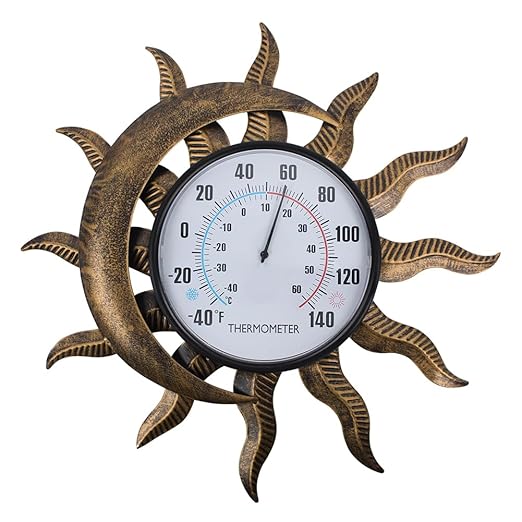 14" Sun-Moon Outdoor Thermometer, Metal Wall Thermometer No Need Battery, Decorative Indoor Thermometer for Patio, Garden, Living Room
