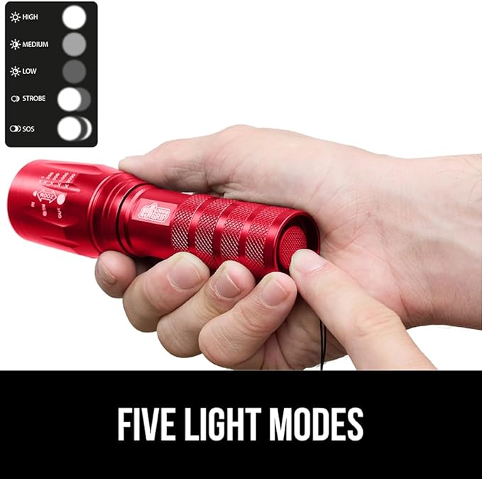 GORILLA GRIP Powerful LED Tactical Flashlight, 750 FT High Lumens 5 Adjustable Modes, Water Resistant, Ultra Bright Zoom Flashlights, Small Mini Flash Light, Camping, Night Dog Walking, Red