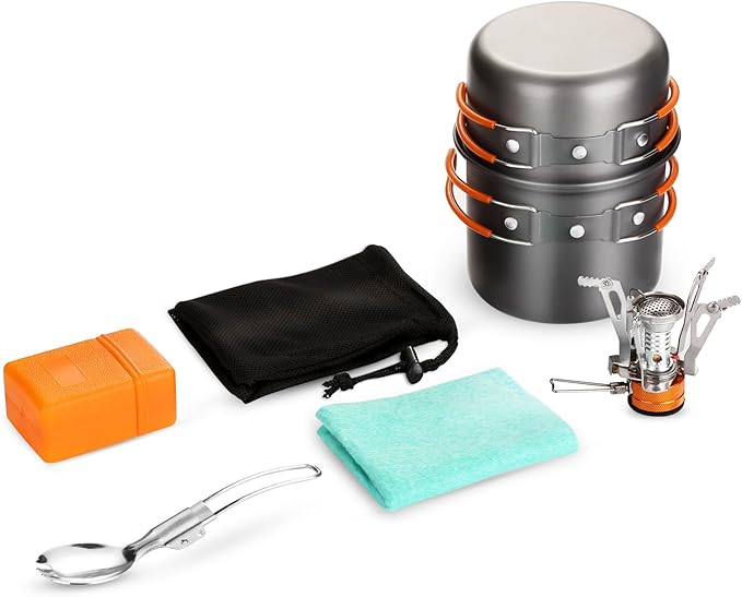 Odoland 6pcs Camping Cookware Mess Kit with Lightweight Pot, Stove, Spork and Carry Mesh Bag, Great for Backpacking Outdoor Camping Hiking and Picnic