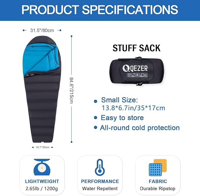 Down Sleeping Bag for Adults 0°F 10°F 15°F 20°F Backpacking Sleeping Bag for Cold Weather with Compression Sack