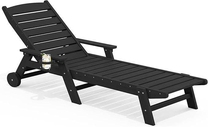 SERWALL Patio Chaise Lounge Chair, 78'' Long HDPE Outdoor Lounge Chair 5 Positions Adjustable Outdoor Lounger, Poly Lounge Chair with Rolling Wheels & Cup Holder for Pool, Obsidian Black