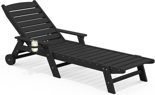 SERWALL Patio Chaise Lounge Chair, 78'' Long HDPE Outdoor Lounge Chair 5 Positions Adjustable Outdoor Lounger, Poly Lounge Chair with Rolling Wheels & Cup Holder for Pool, Obsidian Black