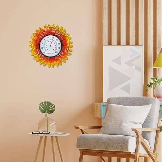 Sunflower Outdoor Thermometer, 12" Metal Wall Themometer, No Need Battery Indoor Thermometer with Large Number Easy to Read for Patio Room Decor