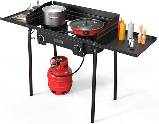 ROVSUN 2 Burner Outdoor Camping Stove with Wind Panel & Shelves, Heavy Sturdy Propane Burner, Gas Cooker with Detachable Legs & CSA Regulator for Home Camp Paito Cooking Frying Canning