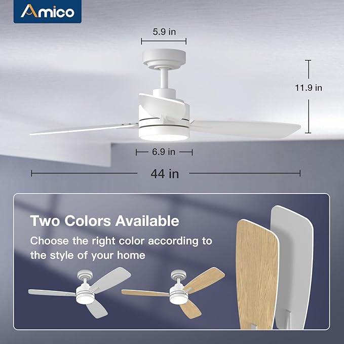 Amico Ceiling Fans with Lights, 44 inch Ceiling fan with Light and Remote Control, Reversible, 3CCT, Dimmable, Noiseless, Small White Ceiling Fan for Bedroom, Indoor/Outdoor Use