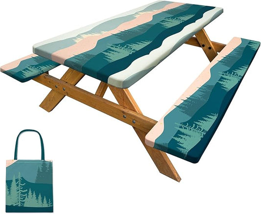 Picnic Table Cover with Bench Covers Camping Tablecloth with Storage Bag Windproof Waterproof Picnic Table Covers with Elastic for Camping