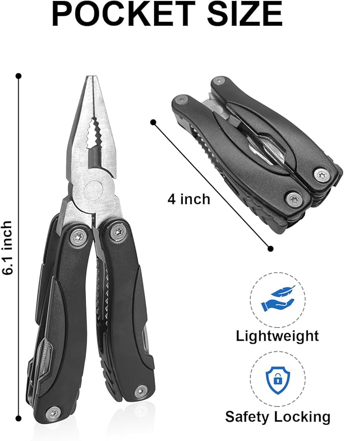UNOONE 11-in-1 Multitool Pliers - Stainless Steel Pocket Knife with Pliers, Screwdriver & Bottle Opener - Aluminum Handle EDC Knives for Survival, Camping, Hunting, Hiking - Gift for Men Women (Black)