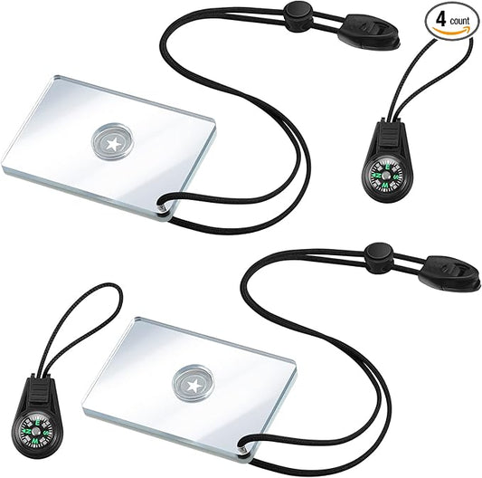 2 Pieces Signal Mirror Survival Camping Mirror 2 x 3 Inch Emergency Signaling PFD Rescue Whistle with 2 Pack Mini Compass for Hiking, Camping, Backpacking and Emergency Situations