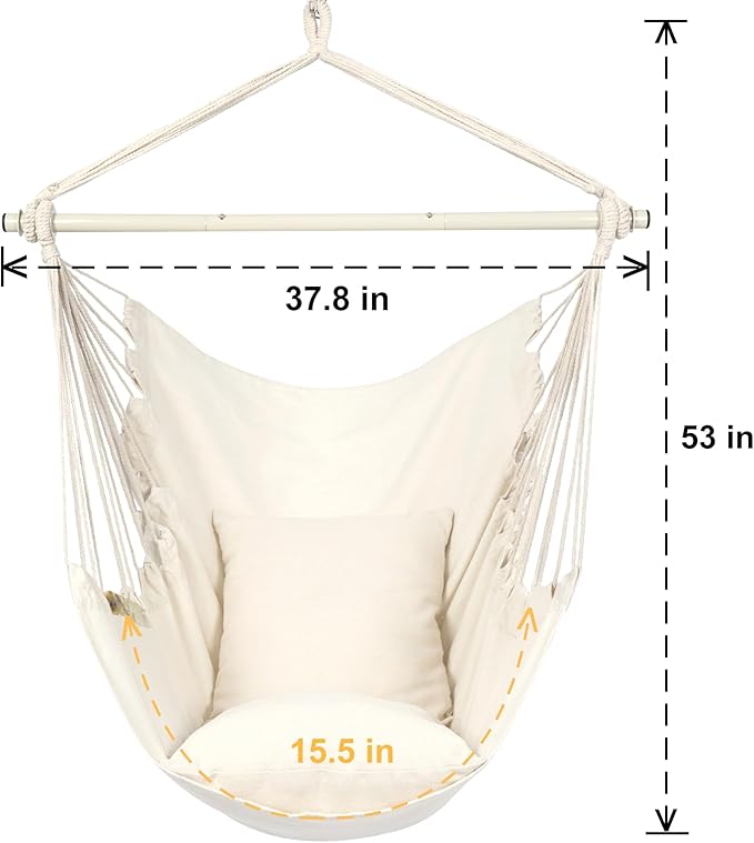 Y- STOP Hammock Chair Hanging Rope Swing Chair, Max 500 Lbs, 2 Seat Cushions Included, Removable Steel Spreader Bar with Anti-Slip Rings for Indoor or Outdoor(Beige)