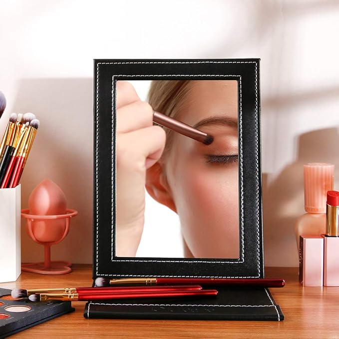 DUcare Folding Mirror Portable Travel PU Portable Adjustable Rectangular Ultrathin Vanity Mirror with Stand, for Travel, Camping,Home