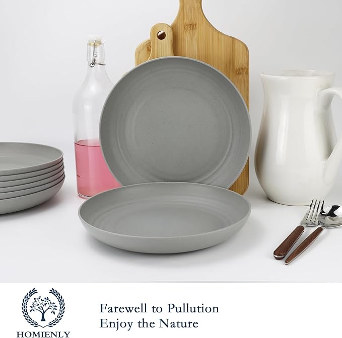 Homienly Dinner Plates Set of 8 Premium Wheat Straw Alternative to Plastic, Lightweight Round, Microwave & Dishwasher Safe, Unbreakable (Grey, 10 inch)