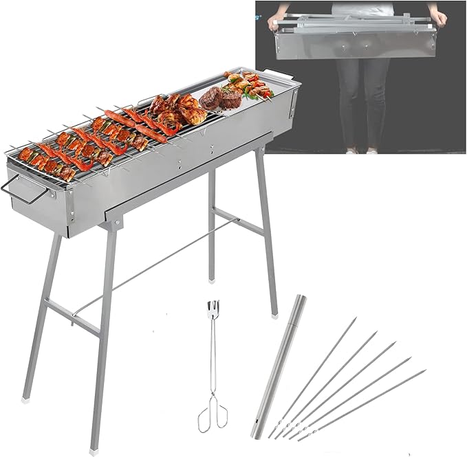 IRONWALLS Portable Charcoal Grills, L 32” x W 8” x H 31” Stainless Steel Folding Yakitori Grill with 25PCS 15” Kebab Skewers for Backyard Barbecue Outdoor Cooking Camping Hiking Picnic