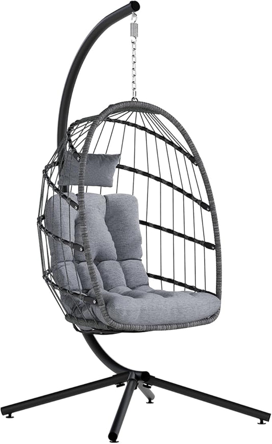 SWITTE Egg Chair Outdoor with Stand, Indoor Wicker Hanging Egg Swing Chair with Cushion, 350lbs Capacity for Patio, Bedroom, Garden - Light Grey