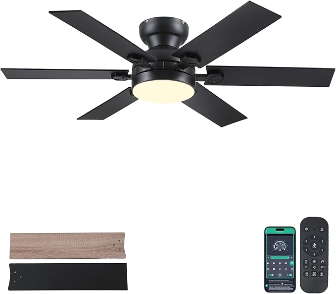52" Black Low Profile Ceiling Fans with Lights and Remote, Modern Flush Mount Ceiling Fans with Quiet DC Motor, 6 Speeds Reversible