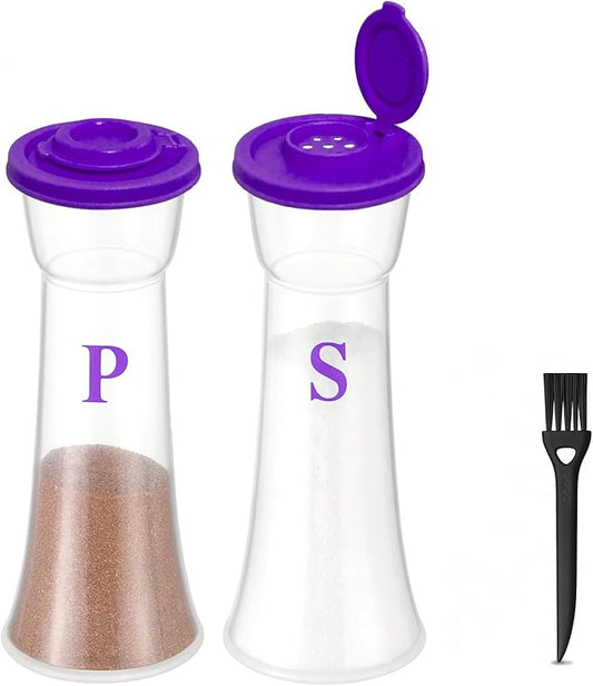 Set of 2 Clear Salt and Pepper Shakers, Plastic Spice Jars with Colorful Lids, Leakproof Moisture-Proof for Home Kitchen Restaurant, Camping, Travel, Picnic (Purple)