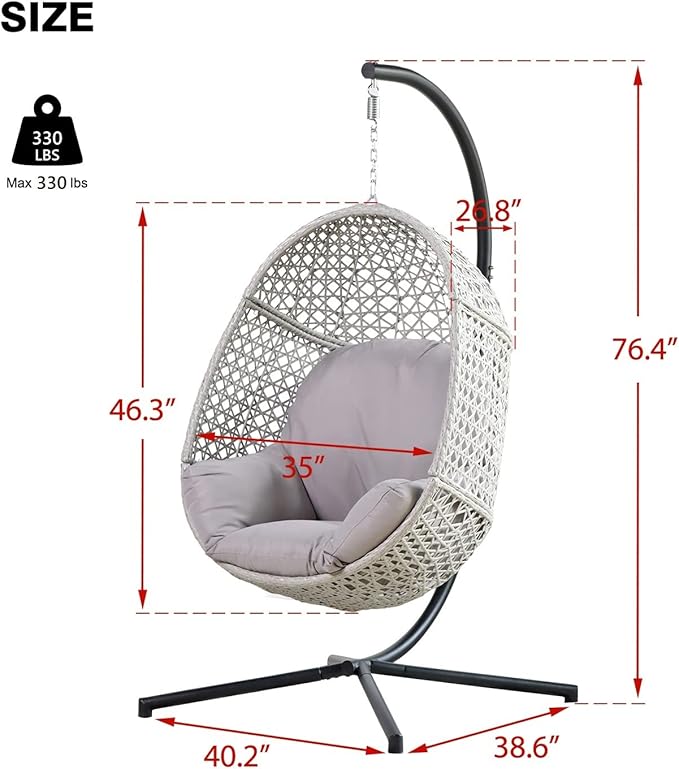 PRIVATE GARDEN Indoor Outdoor Hammock Egg Chair with Stand Large Hanging Chair Wicker Rattan Swing Chair with Removable Cushion 330LBS Capacity for Bedroom Patio Balcony