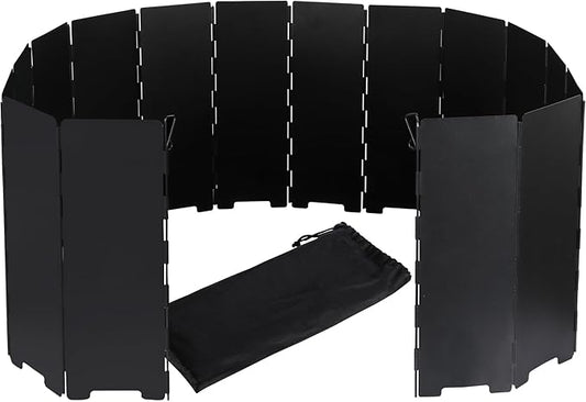 REDCAMP 9.5" High Folding Outdoor Stove Windscreen, 16 Plates Aluminum Camping Stove Windshield with Carrying bag, Lightweight Butane Burner Windshield, Black