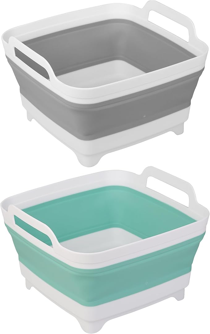 2 Pack Dishpan for Washing Dishes, 2.4Gal/9L Wash Basin with Draining Plug Carry Handles, Collapsible Bucket for Cleaning, Portable Sink, Foldable Plastic Tub