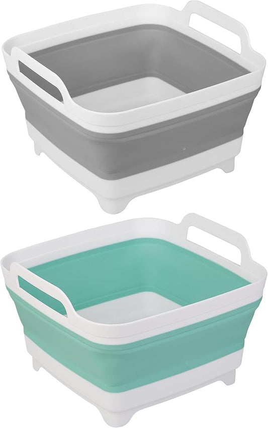 2 Pack Dishpan for Washing Dishes, 2.4Gal/9L Wash Basin with Draining Plug Carry Handles, Collapsible Bucket for Cleaning, Portable Sink, Foldable Plastic Tub