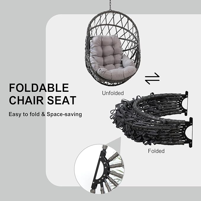 PRIVATE GARDEN Hanging Egg Chair with Stand Indoor Outdoor Unique PE Rattan Wicker Basket Chair with Grey Cushion Folding Swing Chair (Grey)