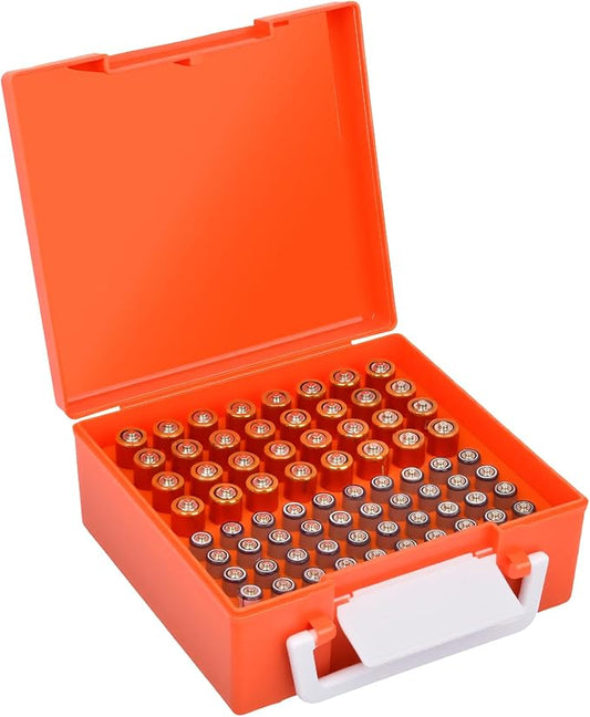 FULLCASE Battery Storage Organizer Holder Holds 72 AA AAA Batteries, Box Cases Garage Container, Home Drawer Organization Dispenser (Case Only) (Orange)