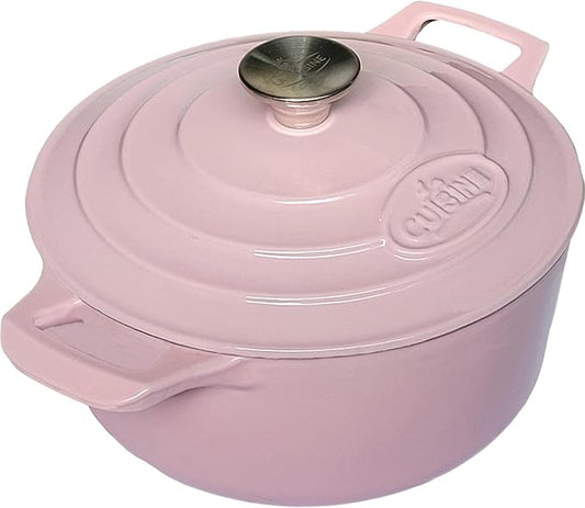 La Cuisine Enameled Cast Iron Dutch Oven Casserole Dish Pot with Lid, 3.7 QT 9.5" /24cm Dia. Cream White Enamel Coating Interior, Pink Enamel Coating Exterior, Oven-Safe up to 500° F