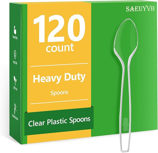 120 Count Plastic Spoons - Premium Disposable Spoons,Clear Plastic Silverware Spoons Heavy Duty,BPA-Free,Heat Resistant,Suitable for Parties,Events and Everyday Use